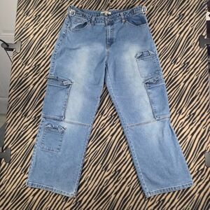Love Cult Cargo Jeans Light Wash Wide Leg Multi Pocket Blue XL Y2K Aesthetic